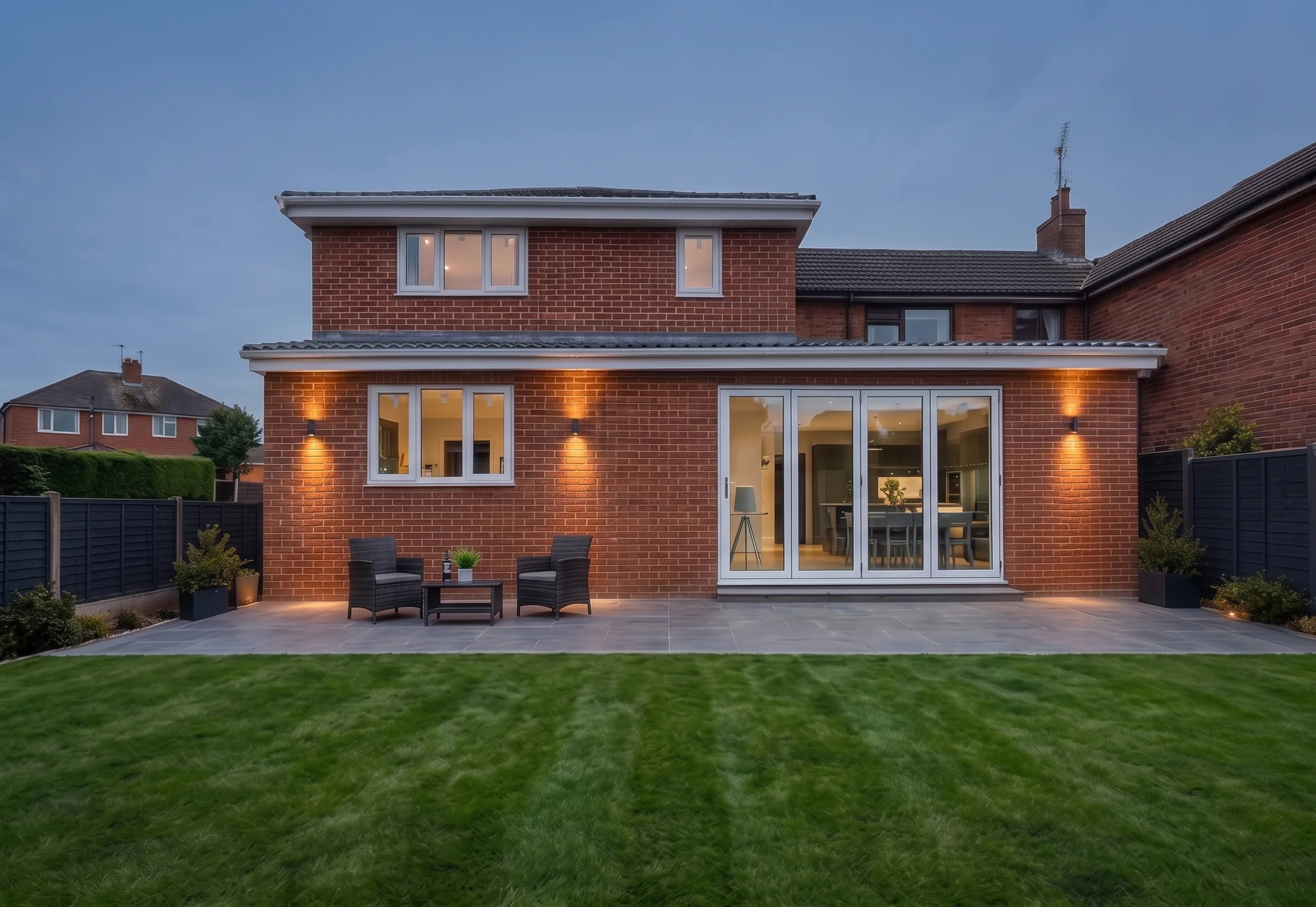 Red-brick home at dusk with a lit single-storey rear extension, bi-fold doors opening onto a porcelain patio and lawn
